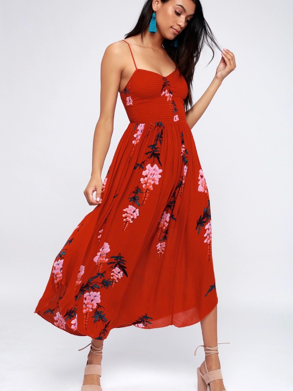 Free People Beau Red Floral Print Smocked Maxi Dress
